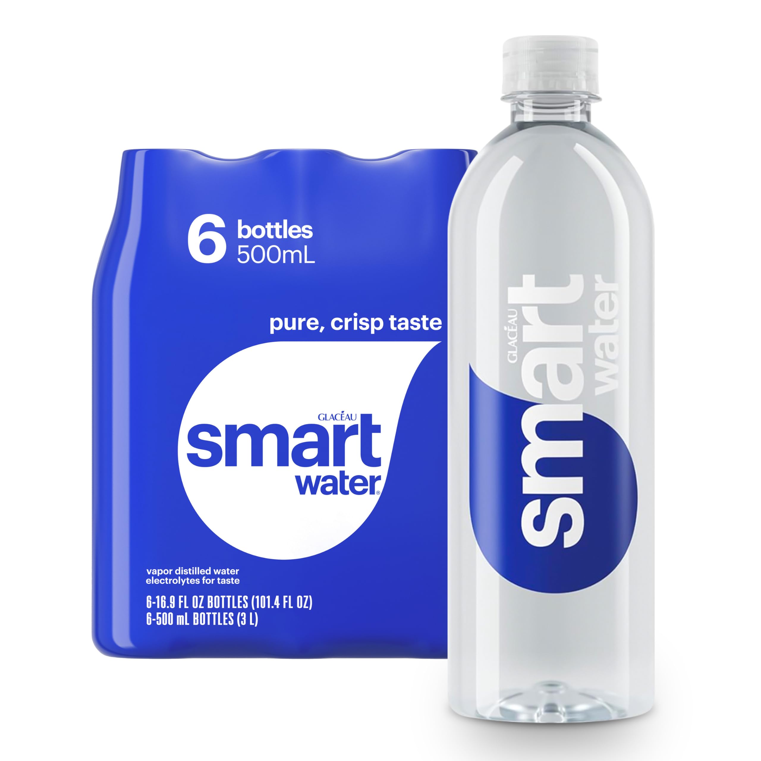 Smartwater vapor-distilled water bottle six-pack for convenient hydration.