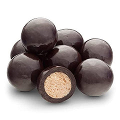 Smarty Stop dark chocolate malt balls with crispy centers, perfect for sharing.