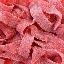 Smarty Stop every sour belts flavor closeup shows tangy strawberry coating.