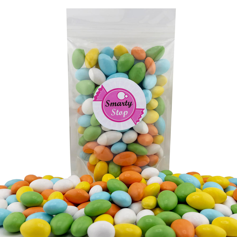 Close-up of Smarty Stop Jordan Almonds shell and crunchy almond center.