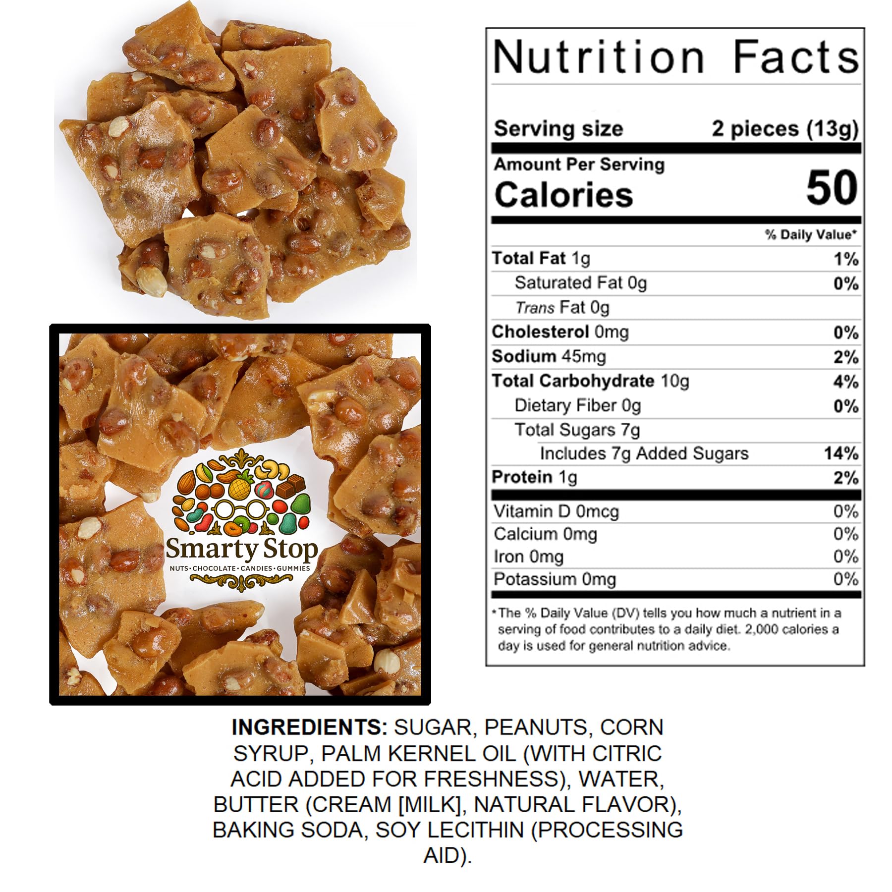 Smarty Stop Peanut Brittle closeup—crisp snap and roasted peanut aroma.