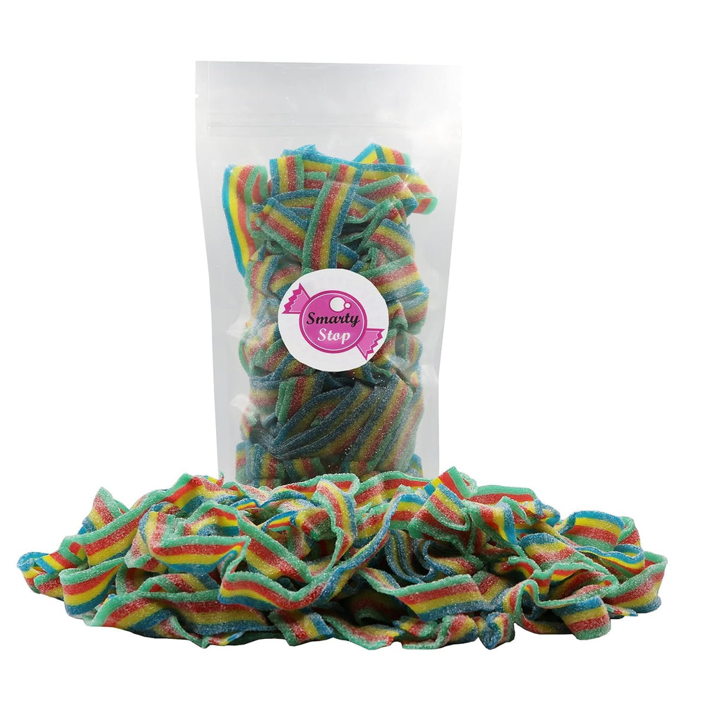 Smarty Stop rainbow sour belts close-up, tangy flavors for parties.