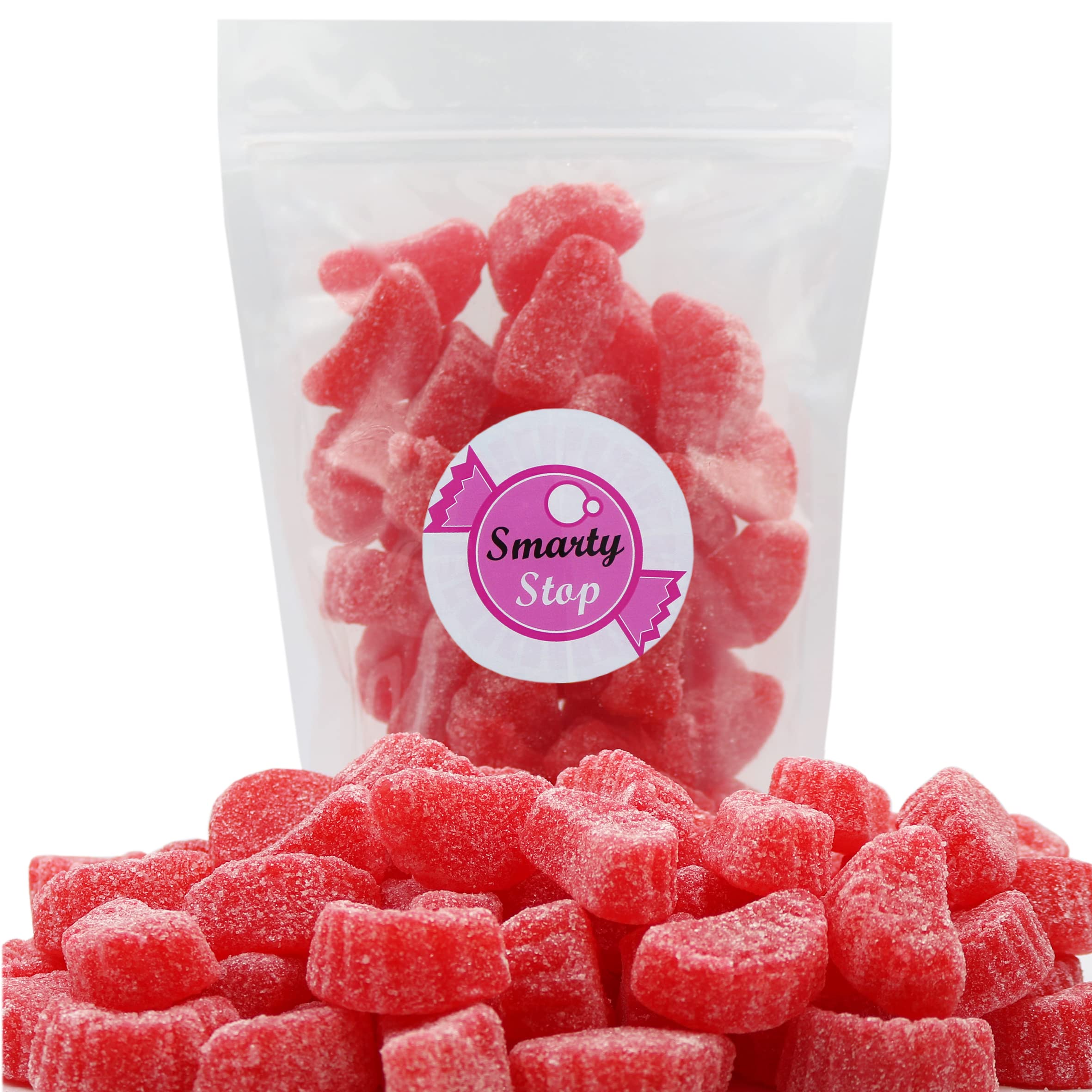 Smarty Stop red cherry slice wedges close-up texture showing soft chew.