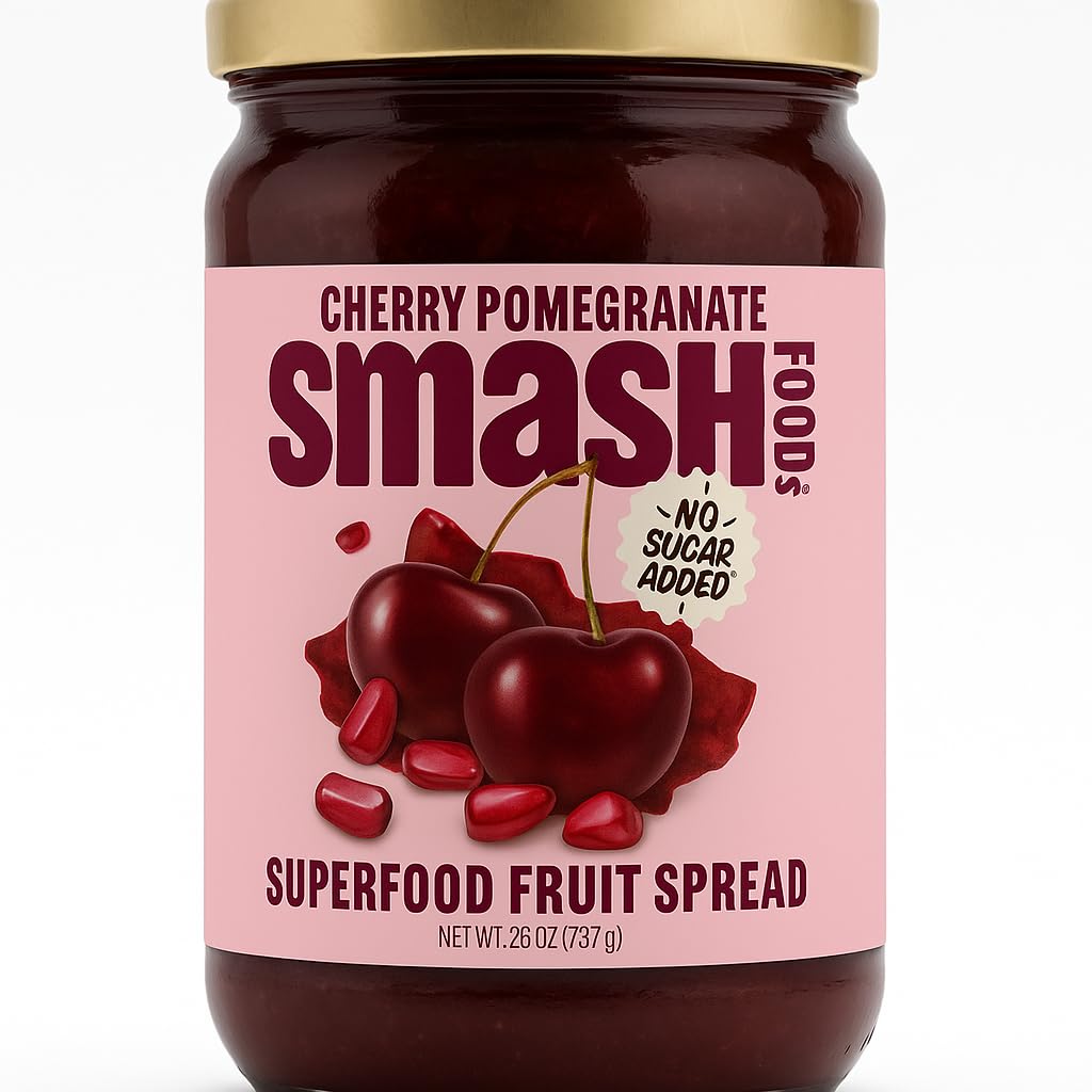 Smash Foods Cherry Pomegranate Spread jar glowing, great on toast as a low-sugar breakfast option.