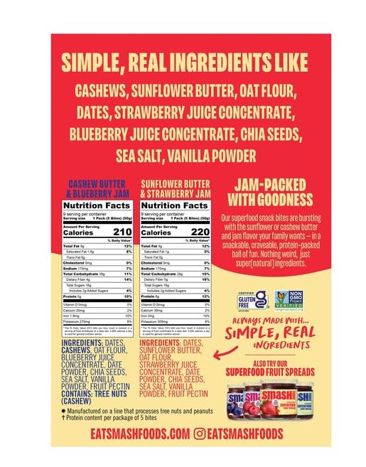 Smash Foods Snack Bites flavor lineup showcasing Cashew Butter & Blueberry and Sunflower Butter & Strawberry.