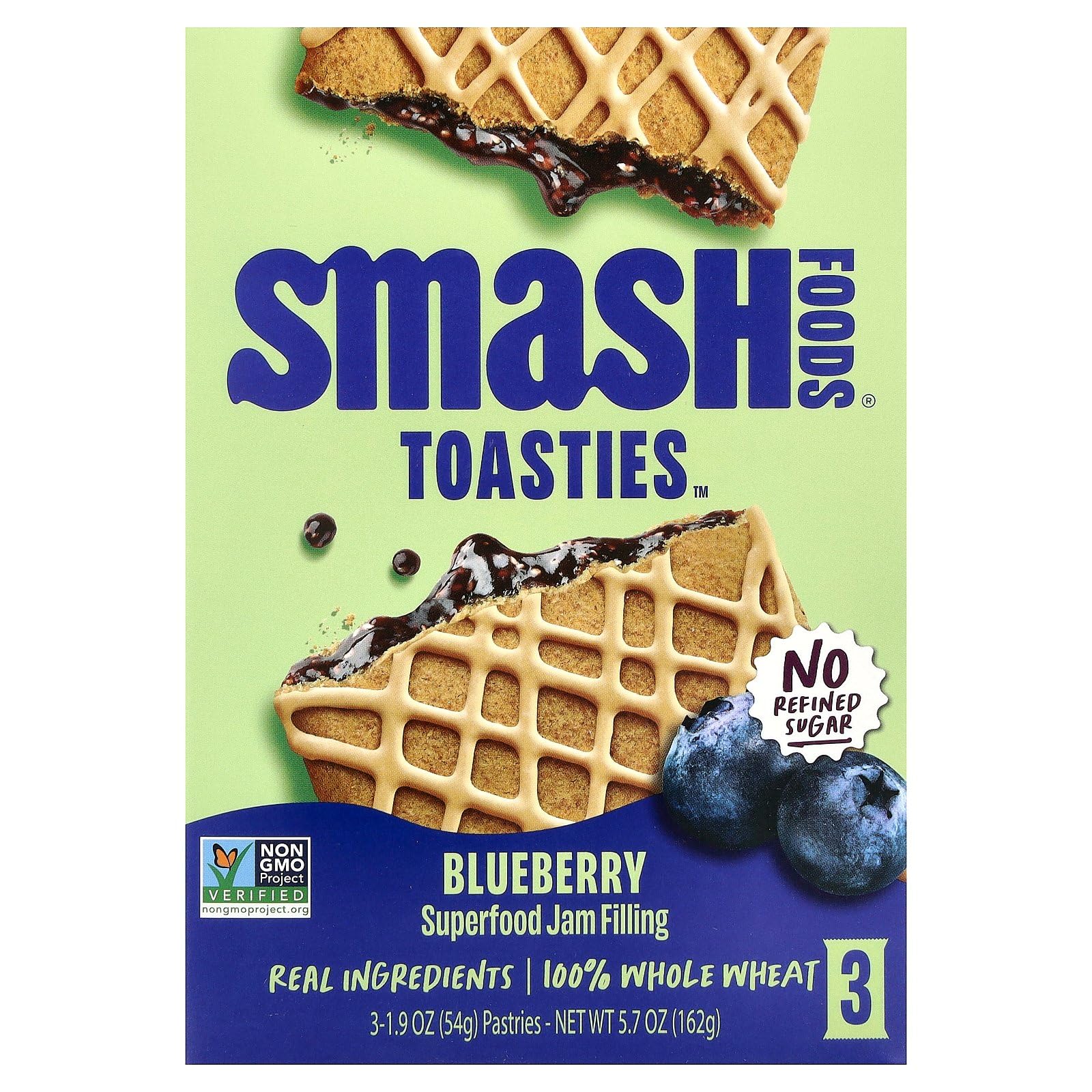 Smash Foods Toasties Blueberry pack shot, highlighting a premium pantry staple.