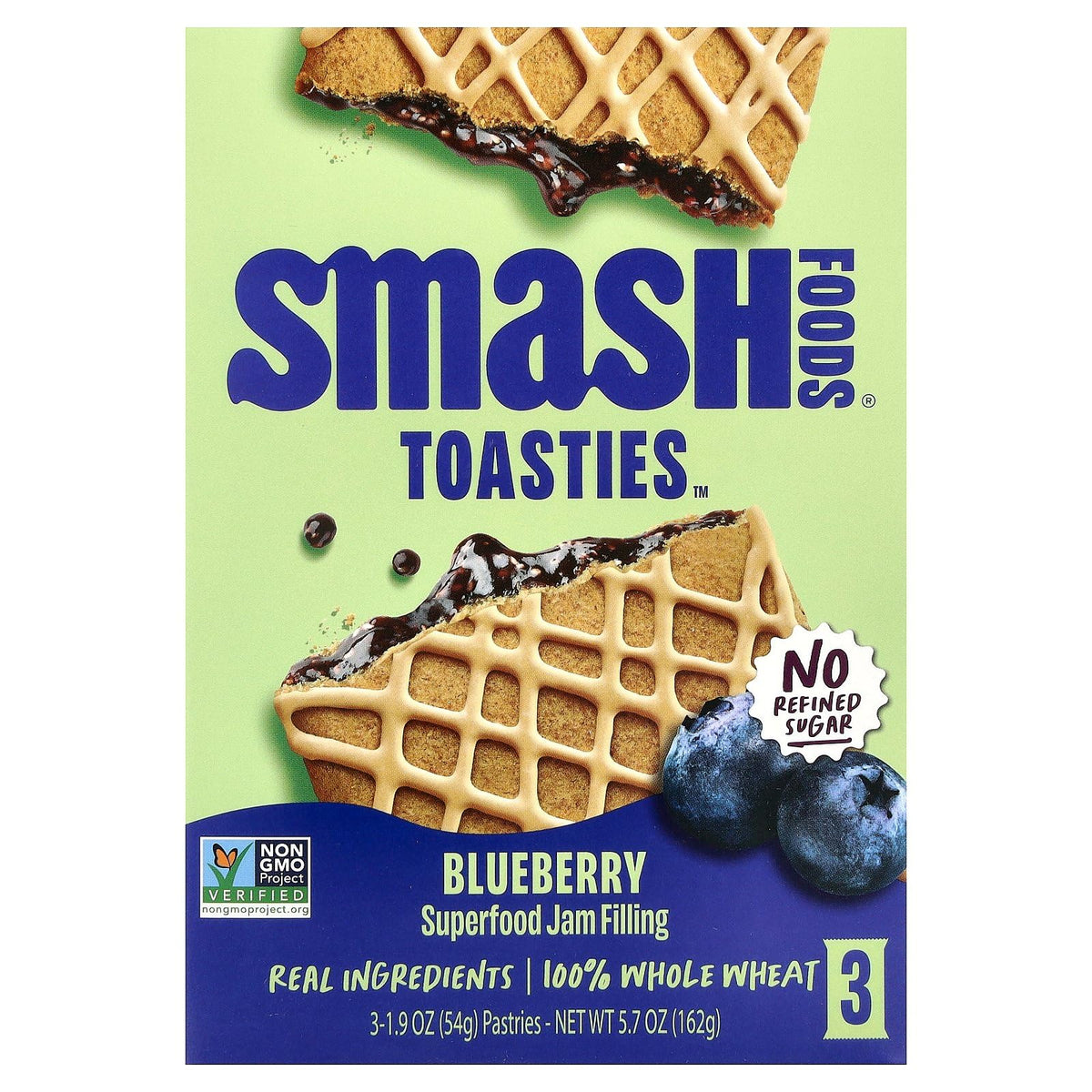 Smash Foods Toasties Blueberry pack shot, highlighting a premium pantry staple.