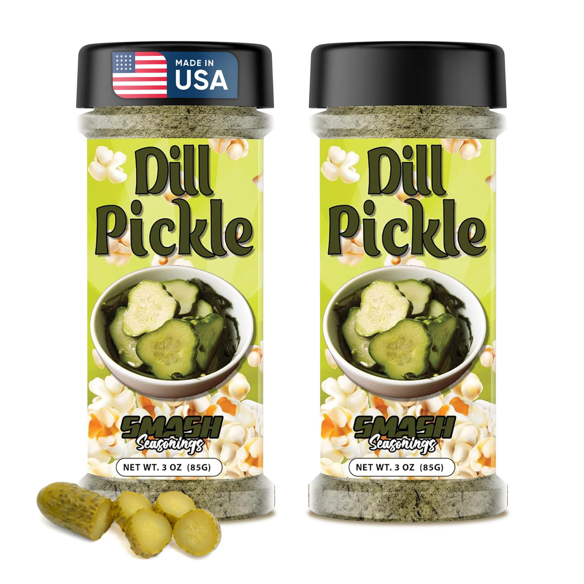 Smash Seasonings Dill Pickle Popcorn Seasoning shaker on popcorn for tangy flavor