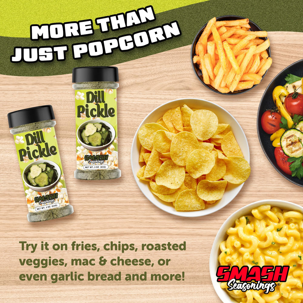 Smash Seasonings Dill Pickle Popcorn Seasoning on potatoes for sharp tang