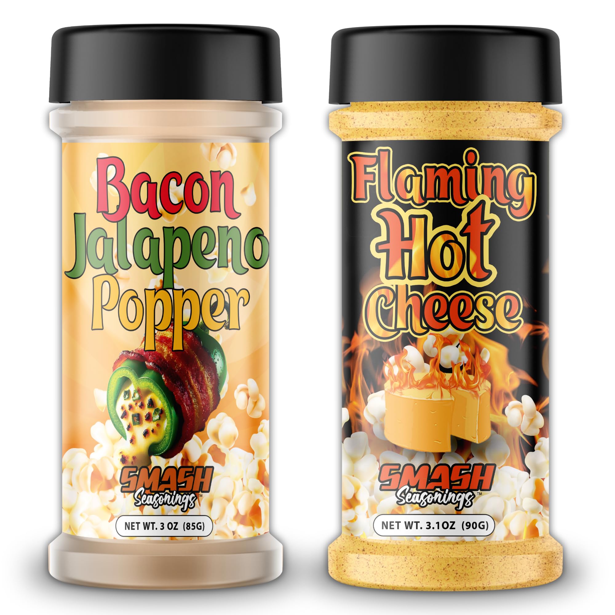 Smash Seasonings Flaming Hot Cheese & Bacon Popcorn Seasoning bottle pouring onto popcorn for bold flavor.