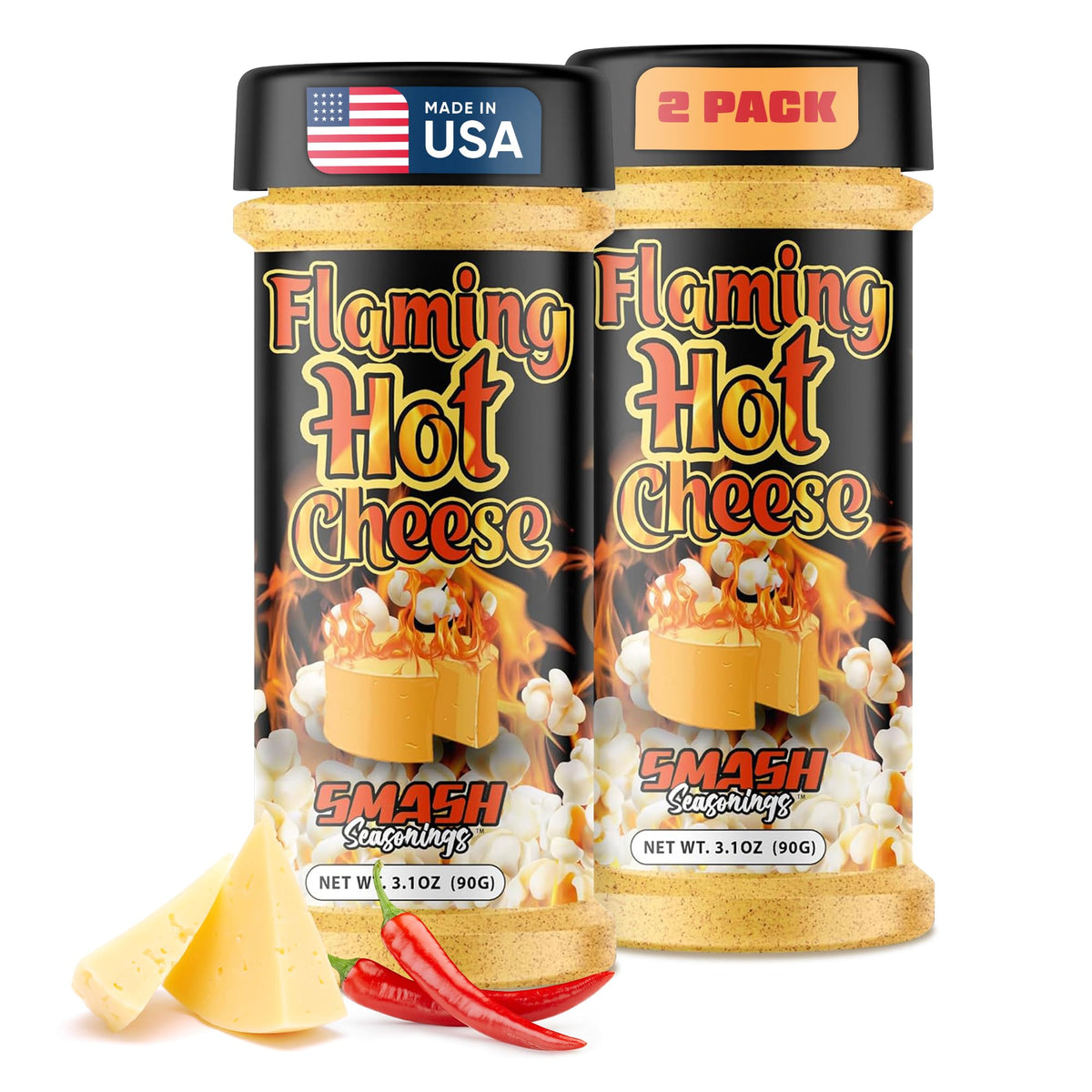 Smash Seasonings Flaming Hot Cheese Popcorn Shaker displays bold heat and cheesy flavor for snacks