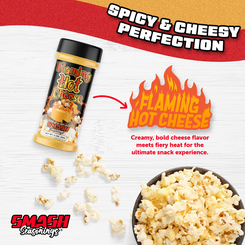 Smash Seasonings Flaming Hot Cheese Popcorn Shaker on nachos with spicy cheese