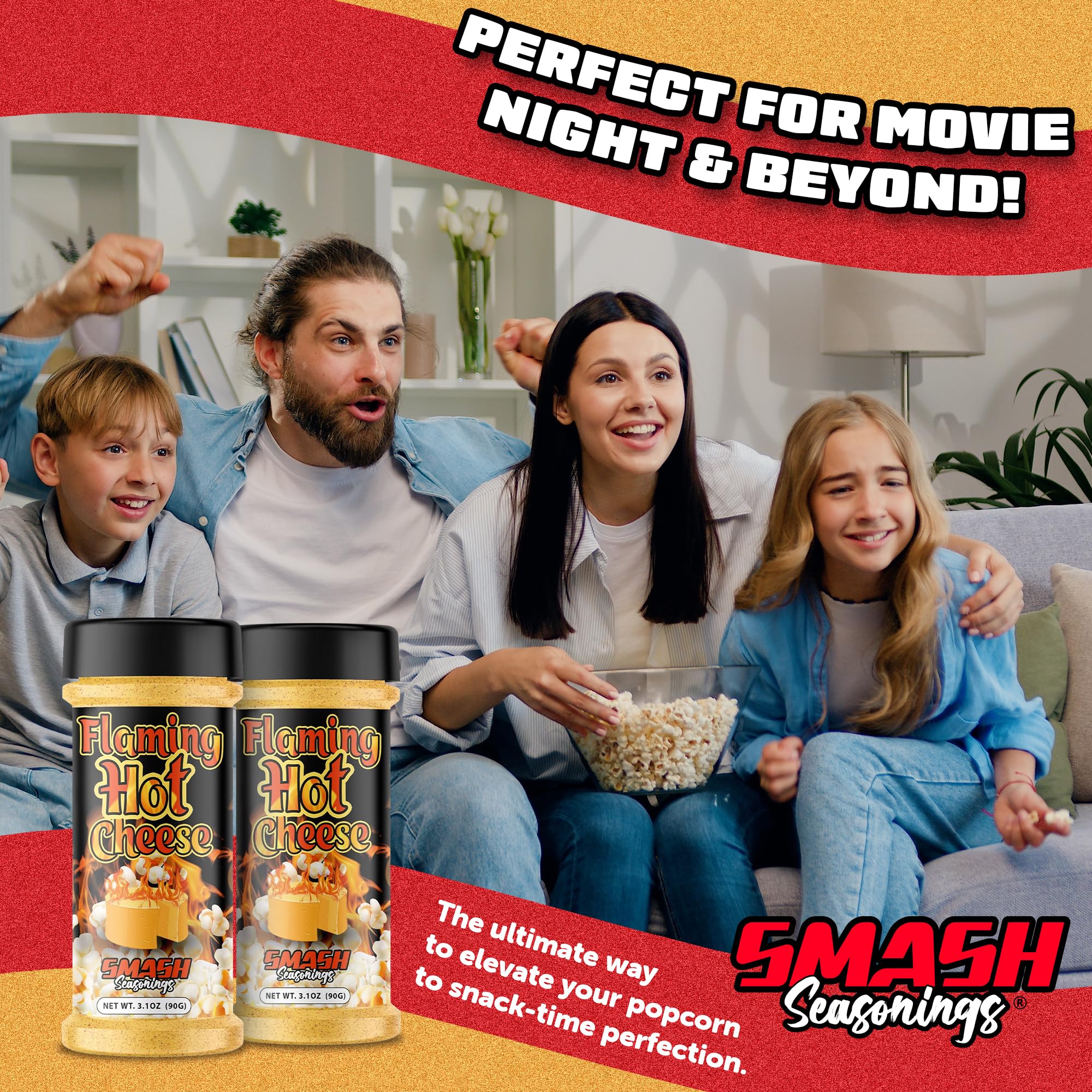 Smash Seasonings Flaming Hot Cheese Popcorn Shaker at a party for bold snacks
