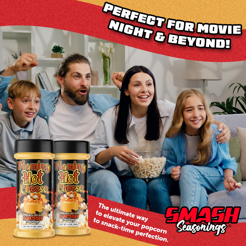 Smash Seasonings Flaming Hot Cheese Popcorn Shaker at a party for bold snacks