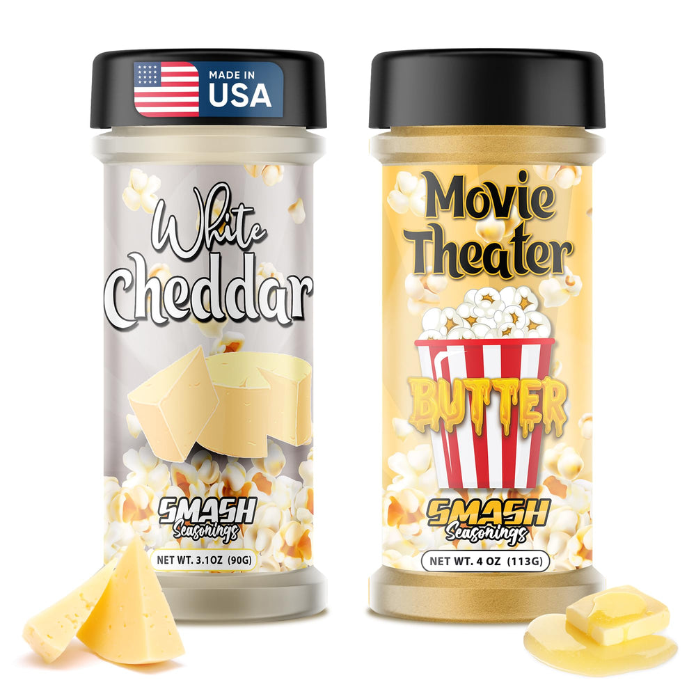 Smash Seasonings white cheddar movie theater butter popcorn seasoning shaker front view for quick gourmet flavor