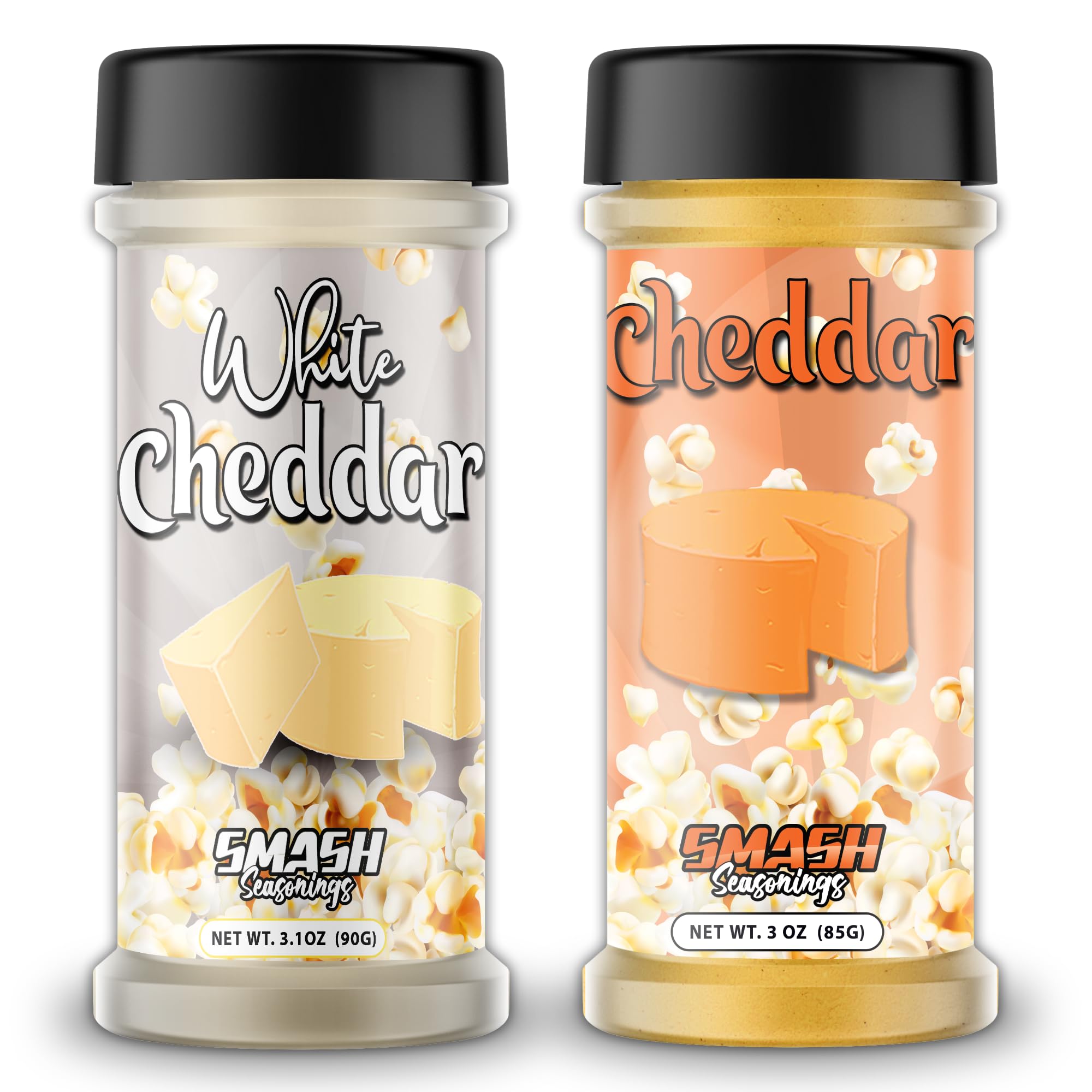 Smash Seasonings White & Orange Cheddar shaker pouring over popcorn for bold flavor