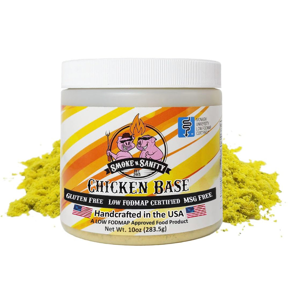Smoke n Sanity Chicken Base label with Monash Low FODMAP certification for safe meals