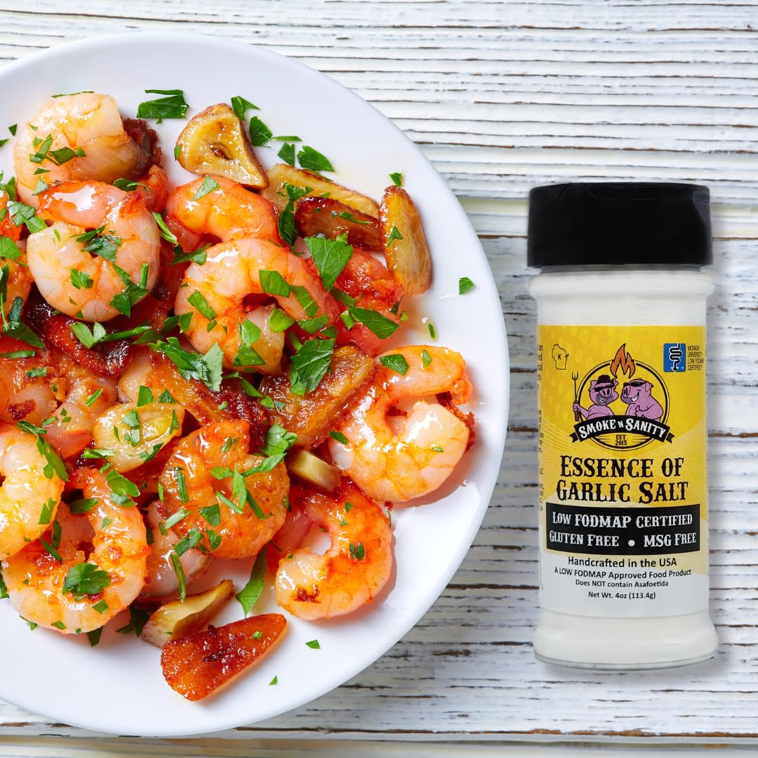 Label close-up highlighting Monash Low FODMAP certification on garlic salt