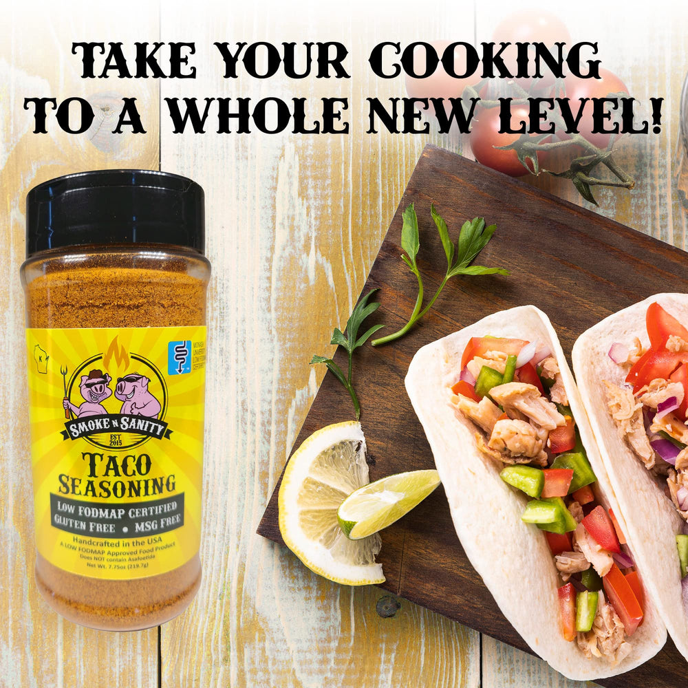 Smoke n Sanity pan with sizzling tacos seasoned with the blend