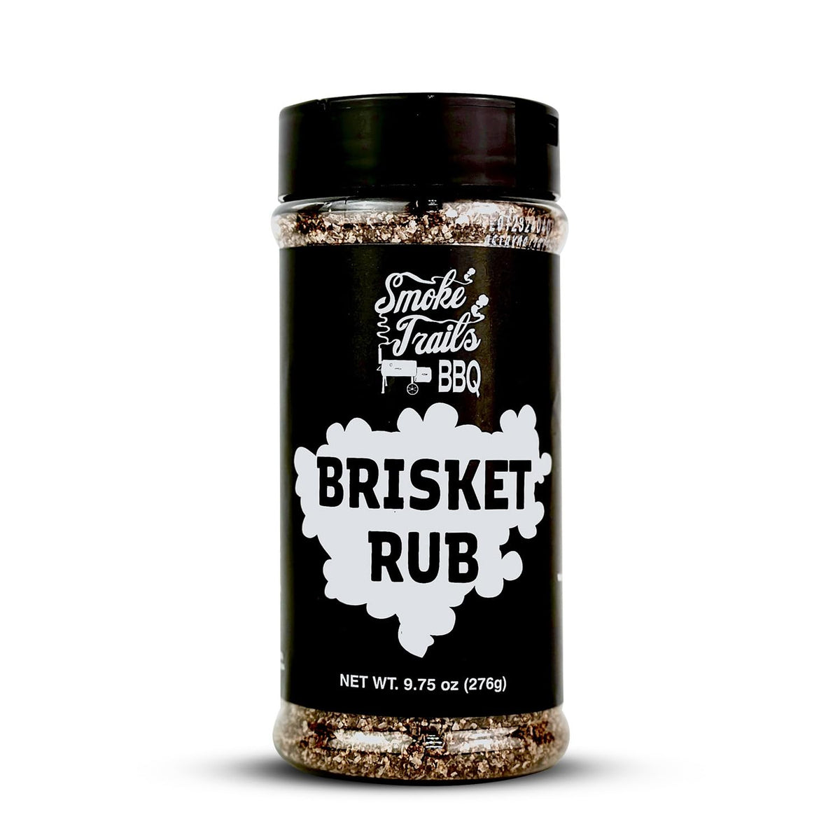 Smoke Trails BBQ Brisket Rub bottle close-up for flavorful Texas-style crust.