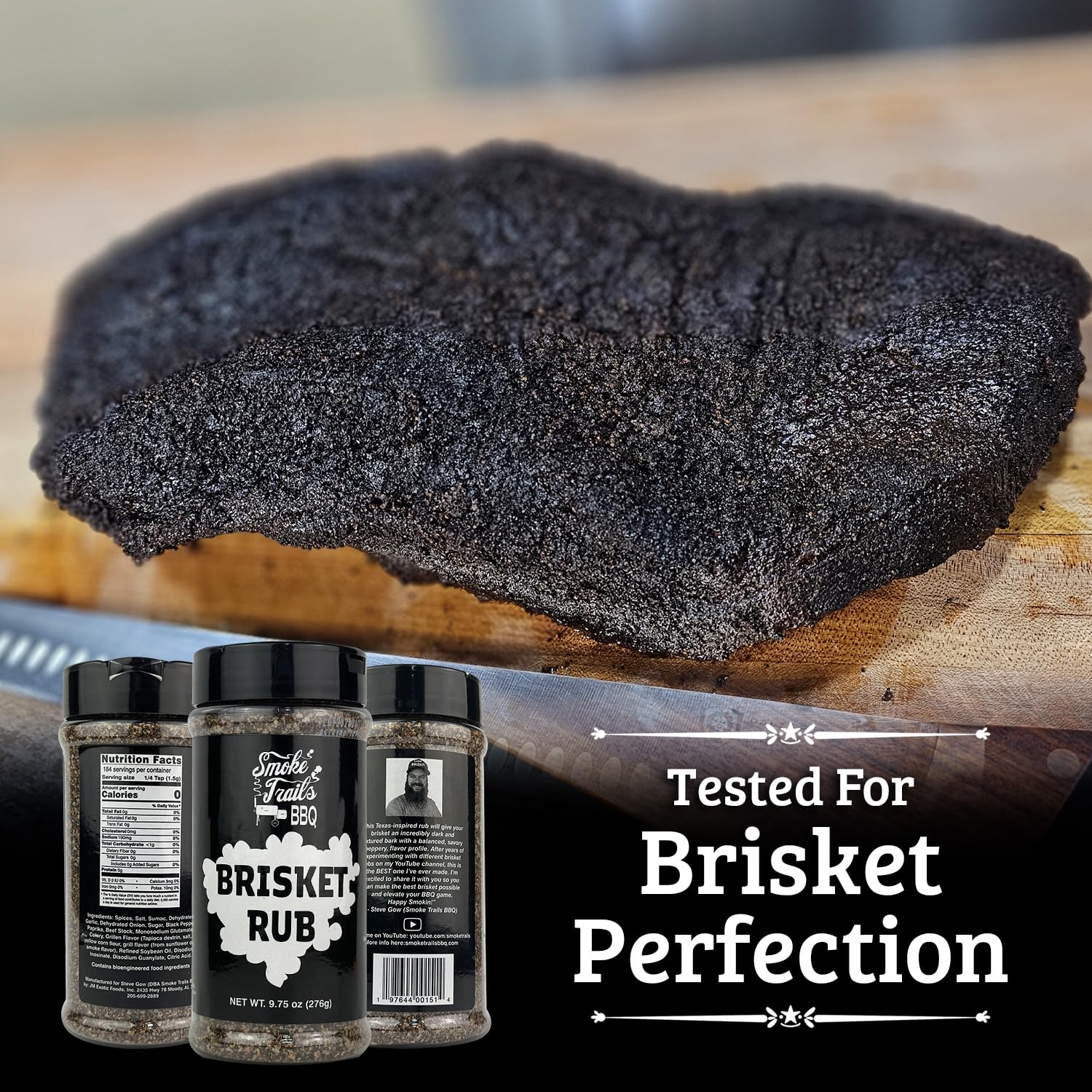 Smoke Trails BBQ Brisket Rub jar with spice blend ready to season.