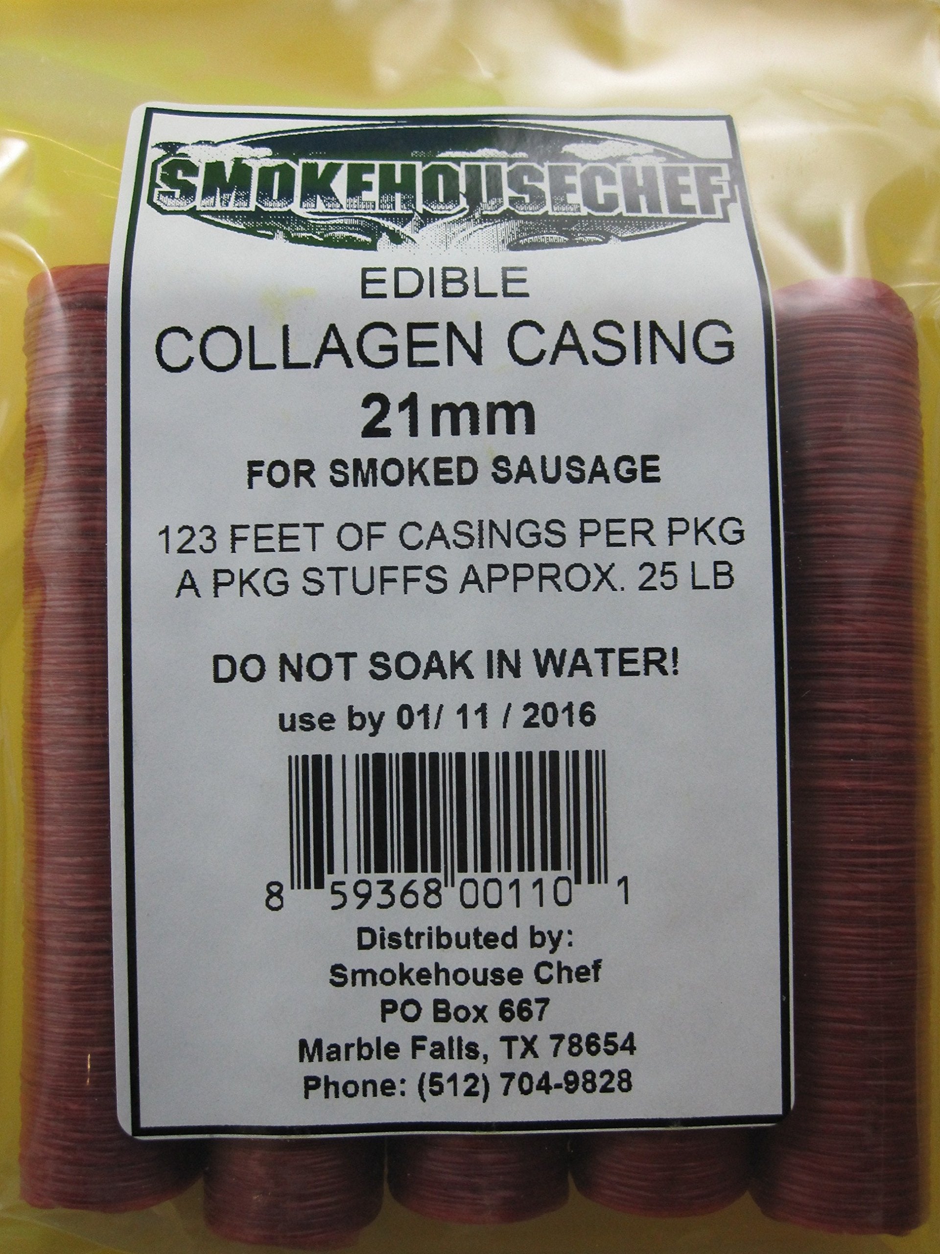 Smokehouse Chef edible 21mm collagen casing in smoker for homemade snacks.