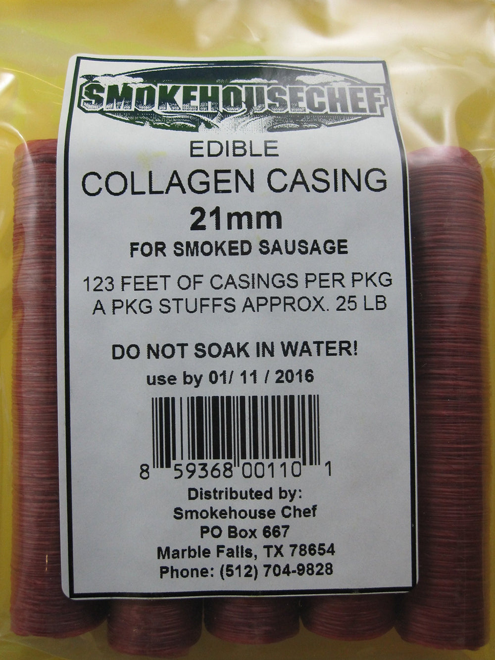 Smokehouse Chef edible 21mm collagen casing in smoker for homemade snacks.