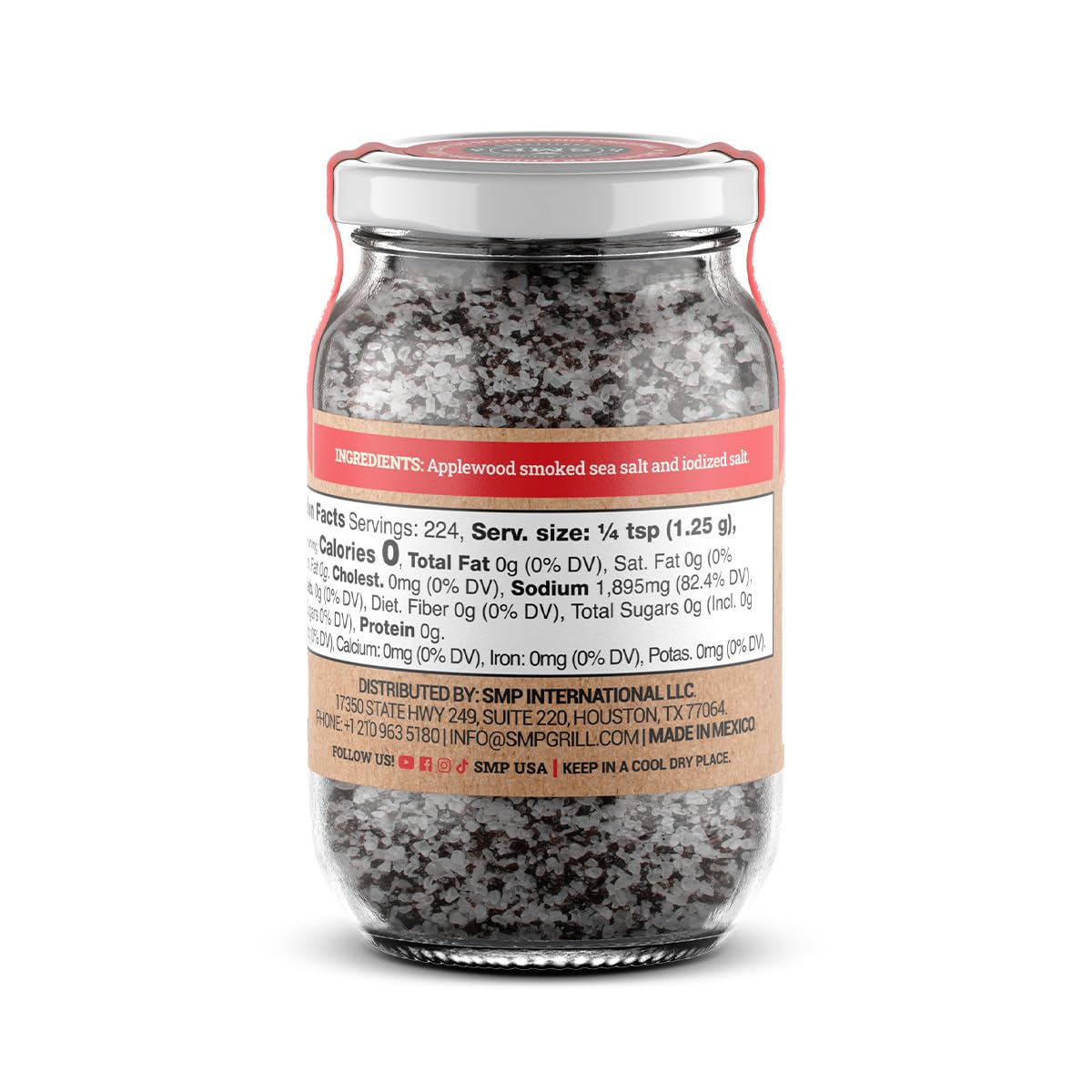 Close-up of SMP Applewood Smoked Sea Salt crystals ideal for steaks and seafood.