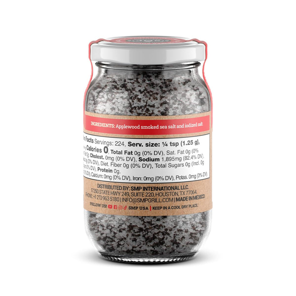 Close-up of SMP Applewood Smoked Sea Salt crystals ideal for steaks and seafood.
