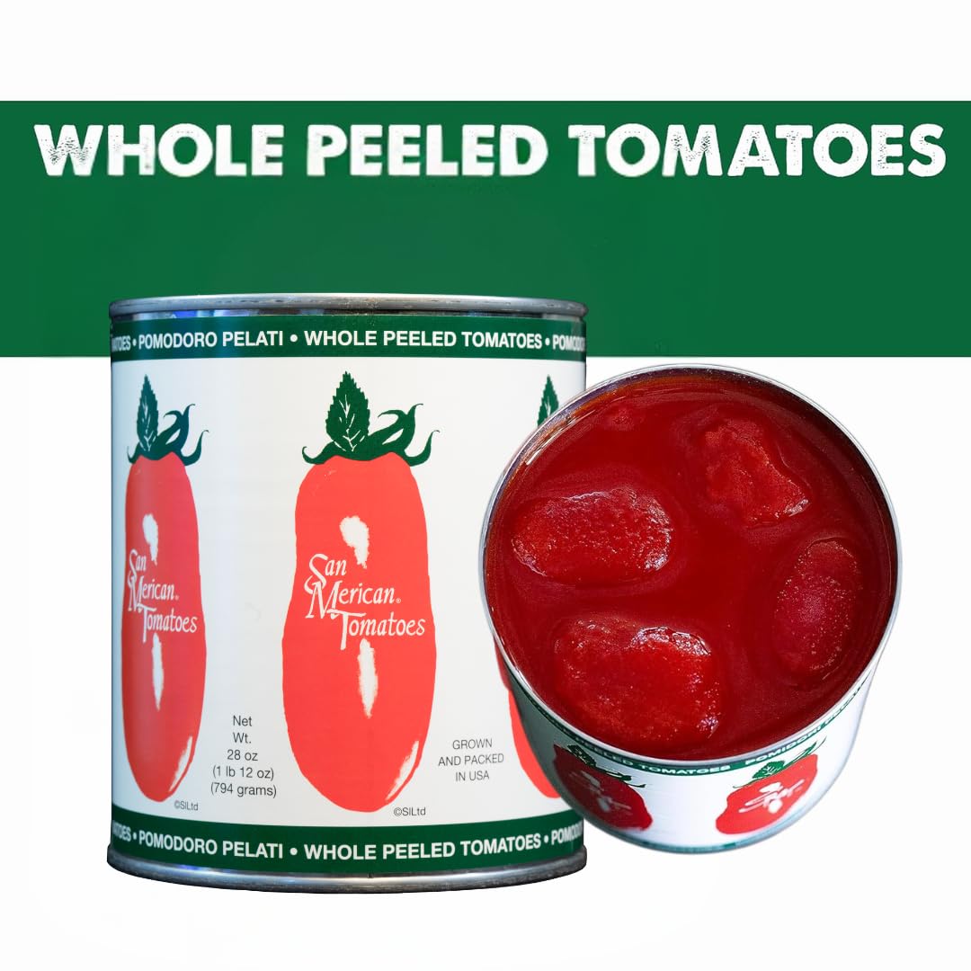 Front view of SMT San Merican Tomato pack of six cans.