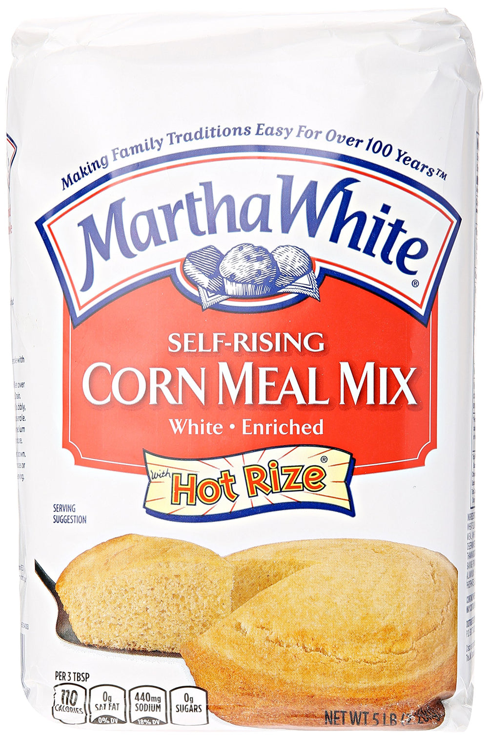 Smucker's Martha White corn meal package front shows self-rising mix for quick cornbread.