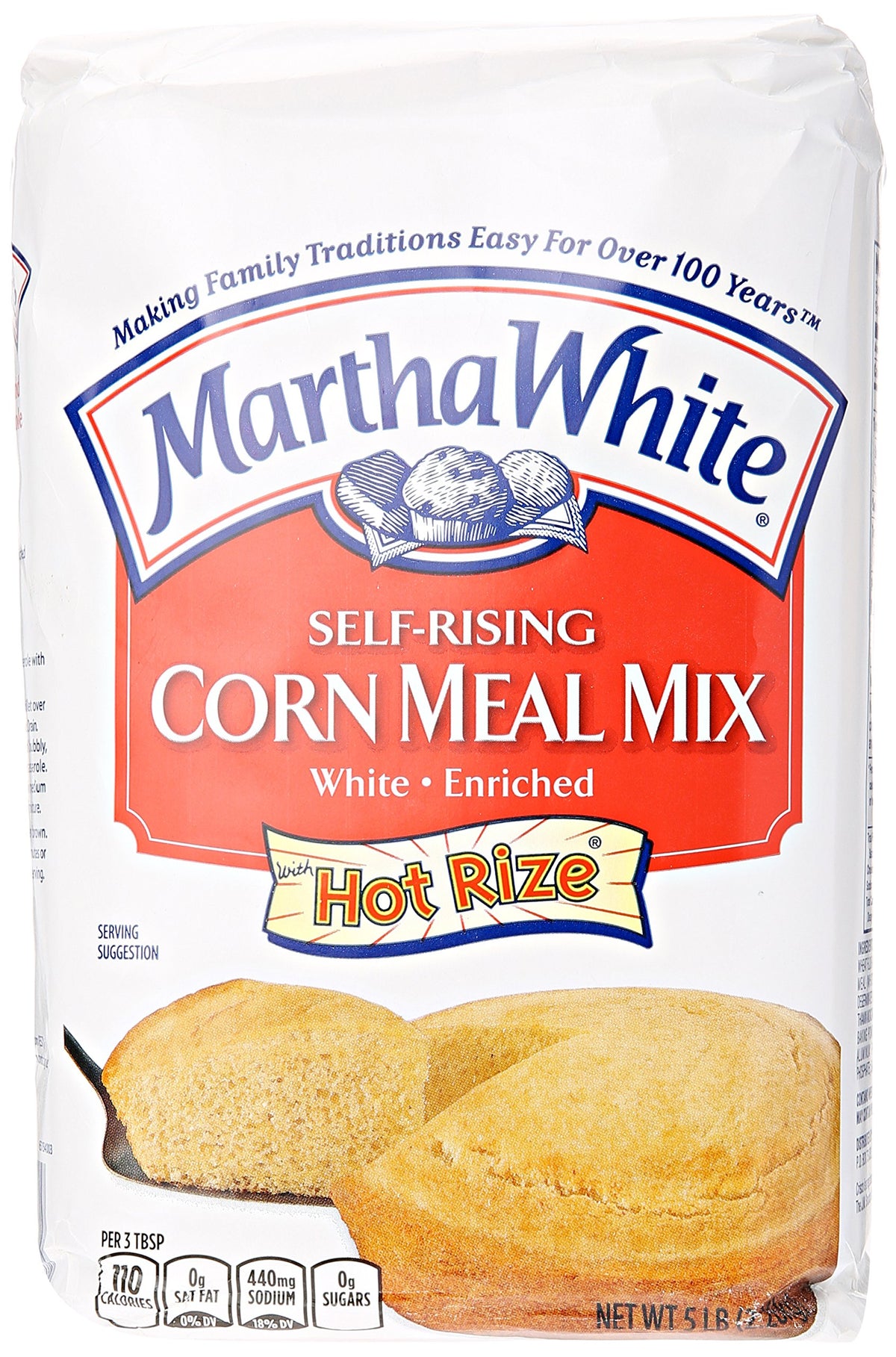 Smucker's Martha White corn meal package front shows self-rising mix for quick cornbread.
