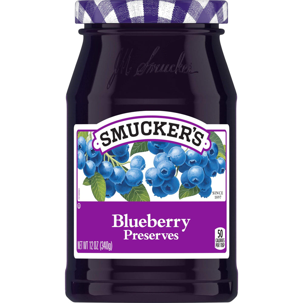 Smucker's Blueberry Preserves jar top view showcasing rich blueberry flavor for breakfast.