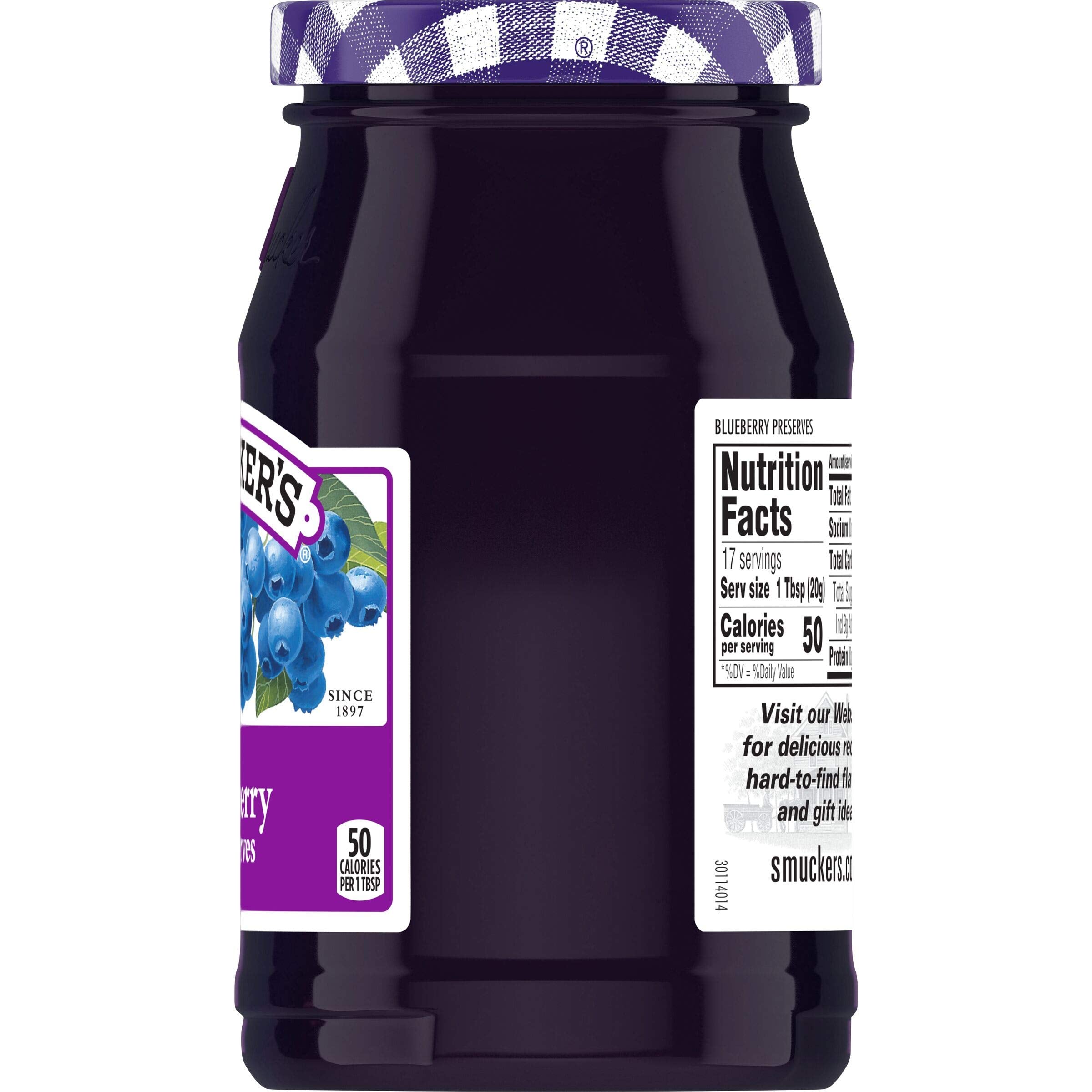 Smucker's Blueberry Preserves paired with peanut butter for PB&J.