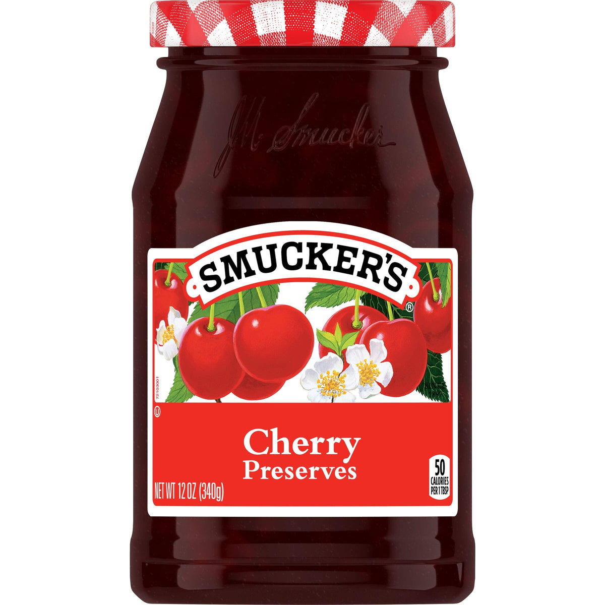 Smucker's Cherry Preserves jar front, rich cherry flavor for desserts and breakfasts