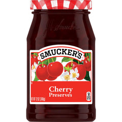 Smucker's Cherry Preserves jar front, rich cherry flavor for desserts and breakfasts