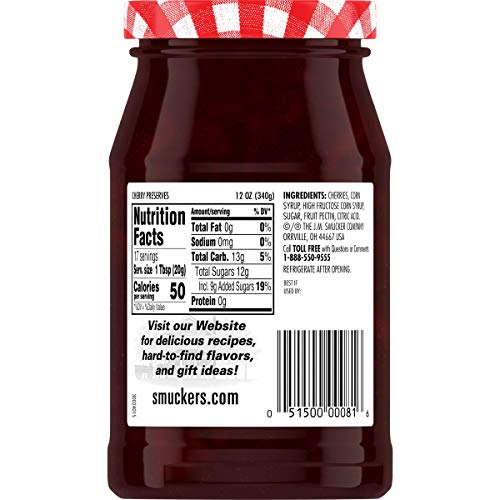 Smucker's Cherry Preserves jar spread, ideal for breakfast topping and pastry filling