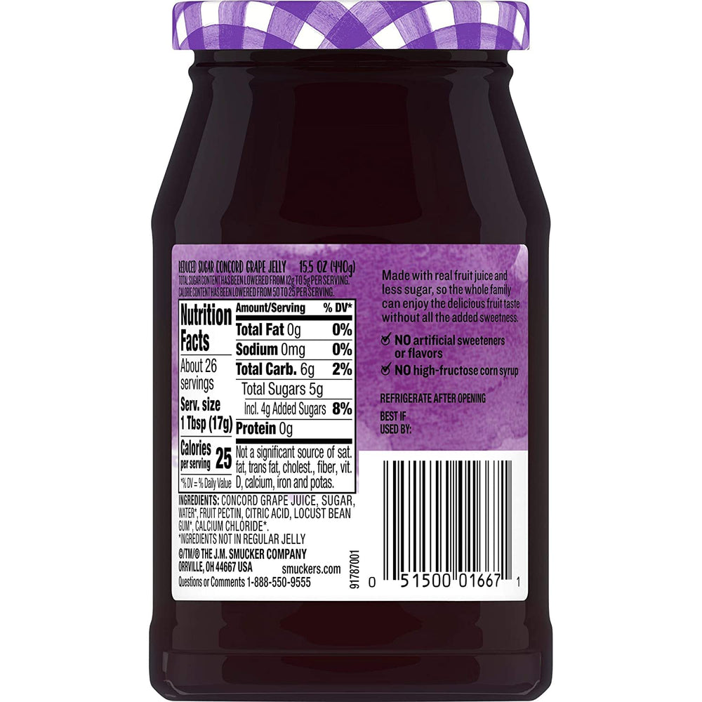 Close-up of Smucker's Concord Grape Jelly glass jar showing glossy texture for spreading.