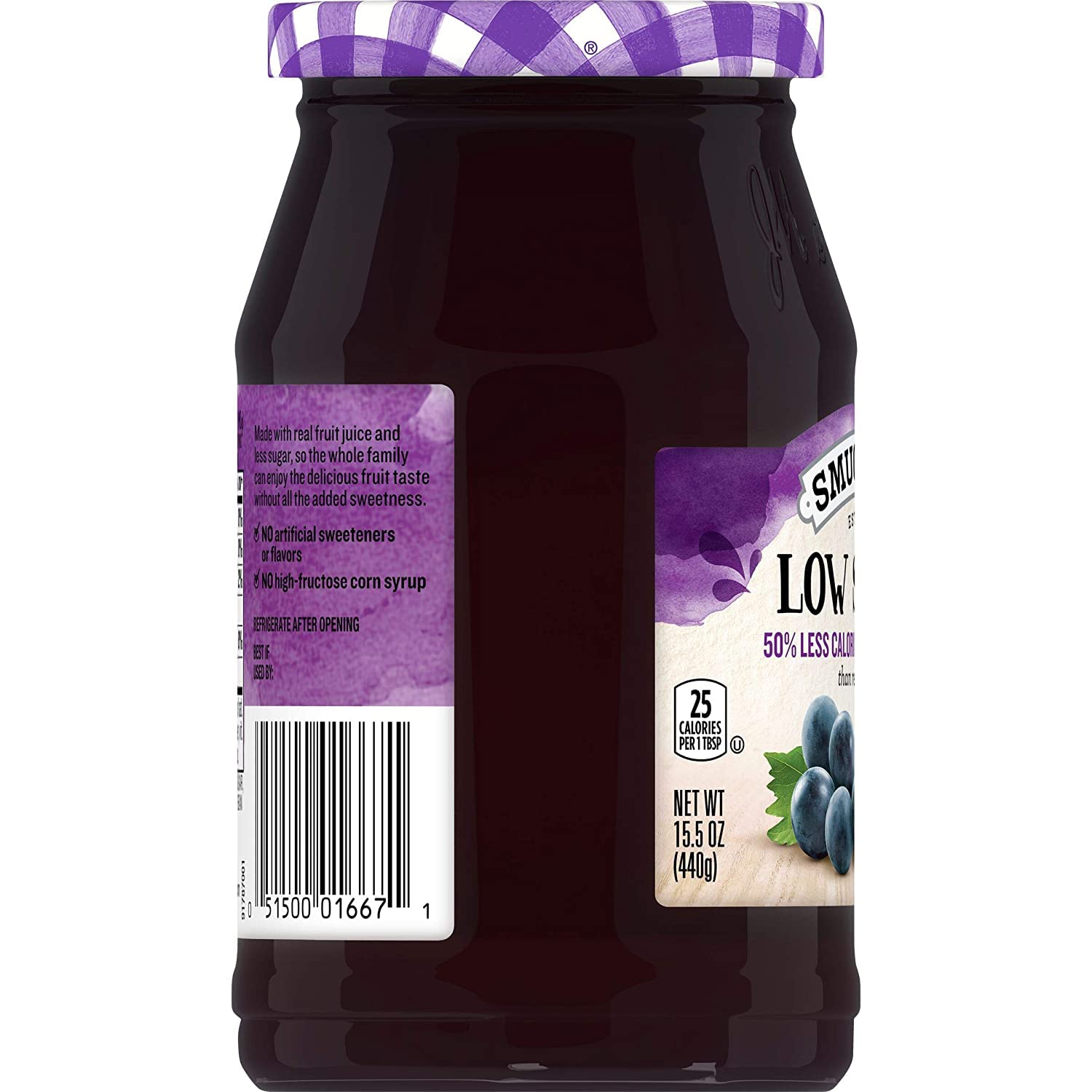 Smucker's Concord Grape Jelly label detail highlighting reduced sugar option.