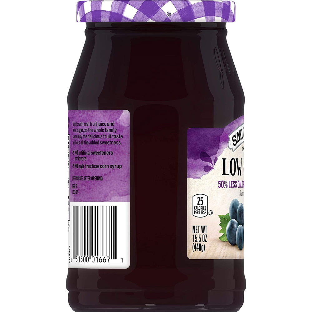 Smucker's Concord Grape Jelly label detail highlighting reduced sugar option.