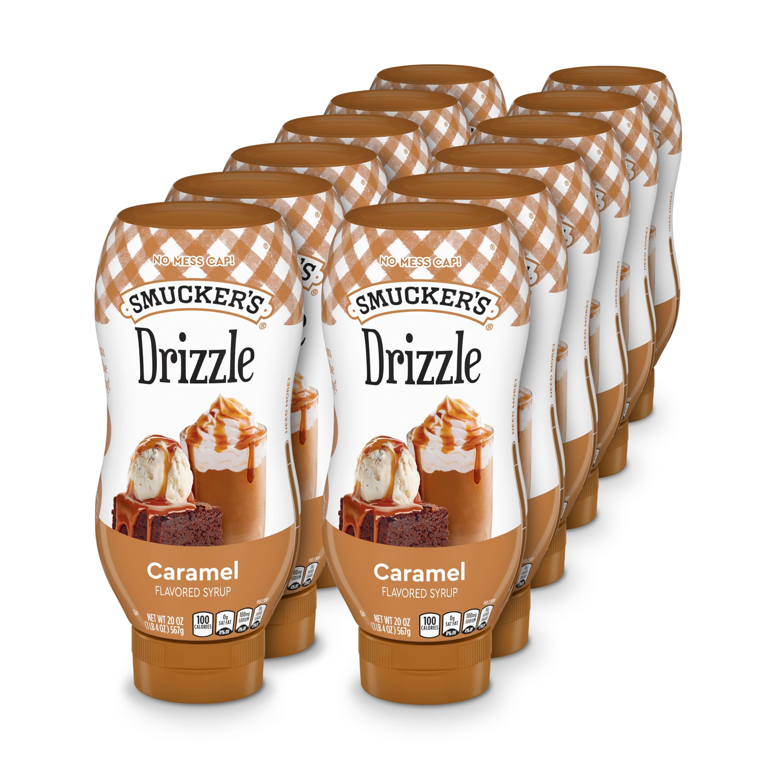 Smucker’s Drizzle Caramel Syrup bottle poured over coffee for rich finish
