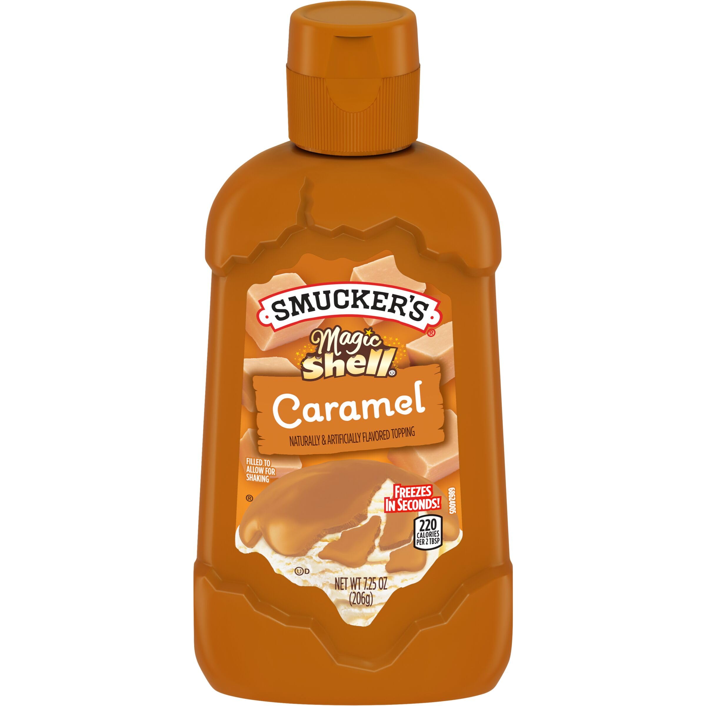 Smucker's Magic Shell caramel topping bottle pour over ice cream, showing quick crunchy shell