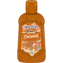 Smucker's Magic Shell caramel topping bottle pour over ice cream, showing quick crunchy shell