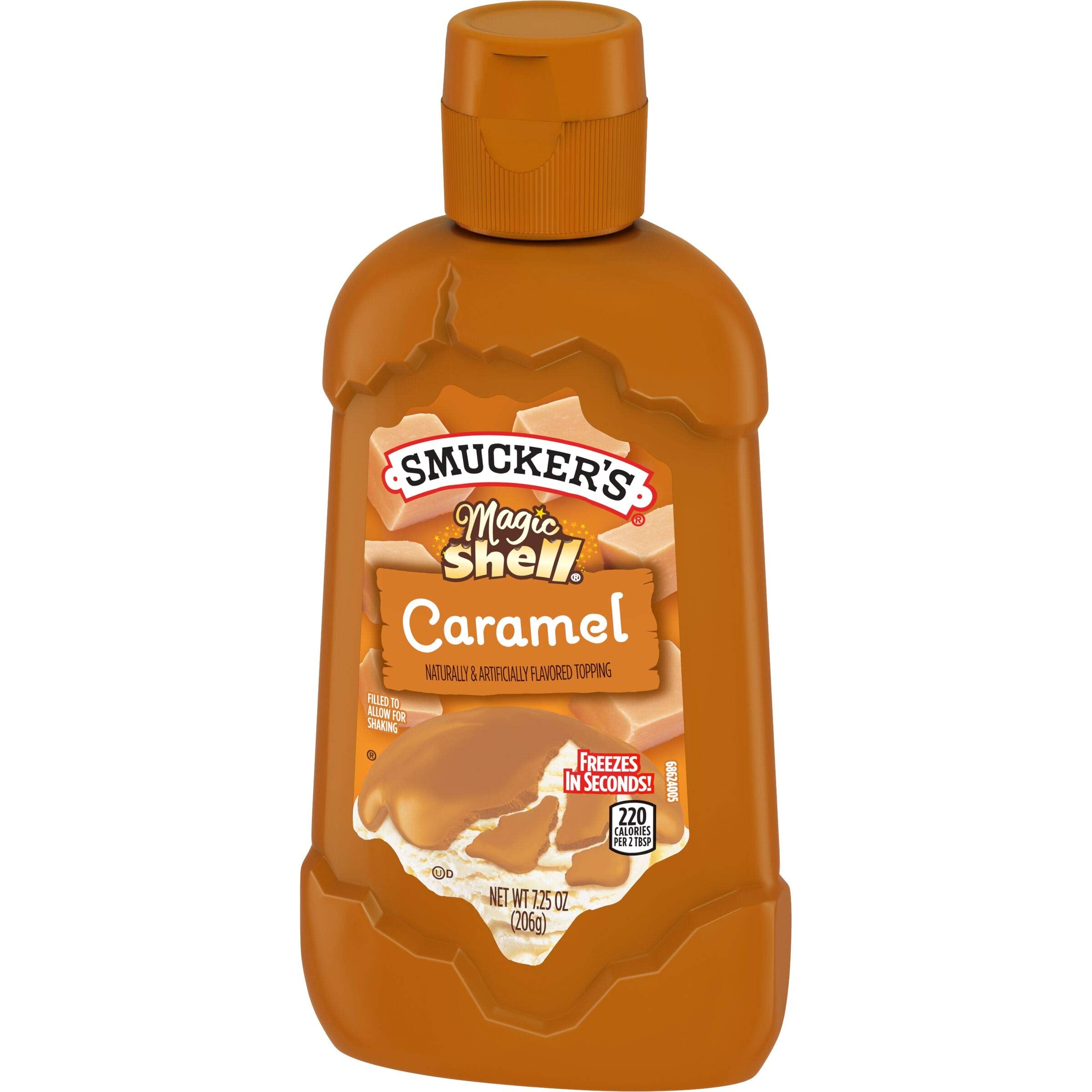 Smucker's Magic Shell caramel drizzle over vanilla ice cream