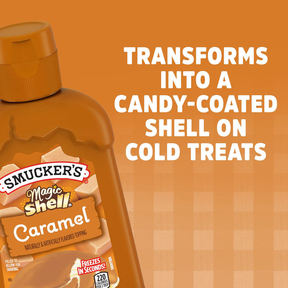 Smucker's Magic Shell caramel topping creating a finish on a dessert