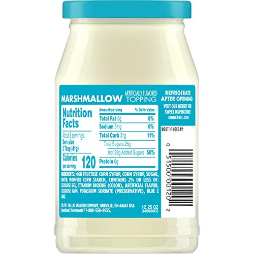 Smucker's Marshmallow Topping label emphasizes family-friendly, versatile use