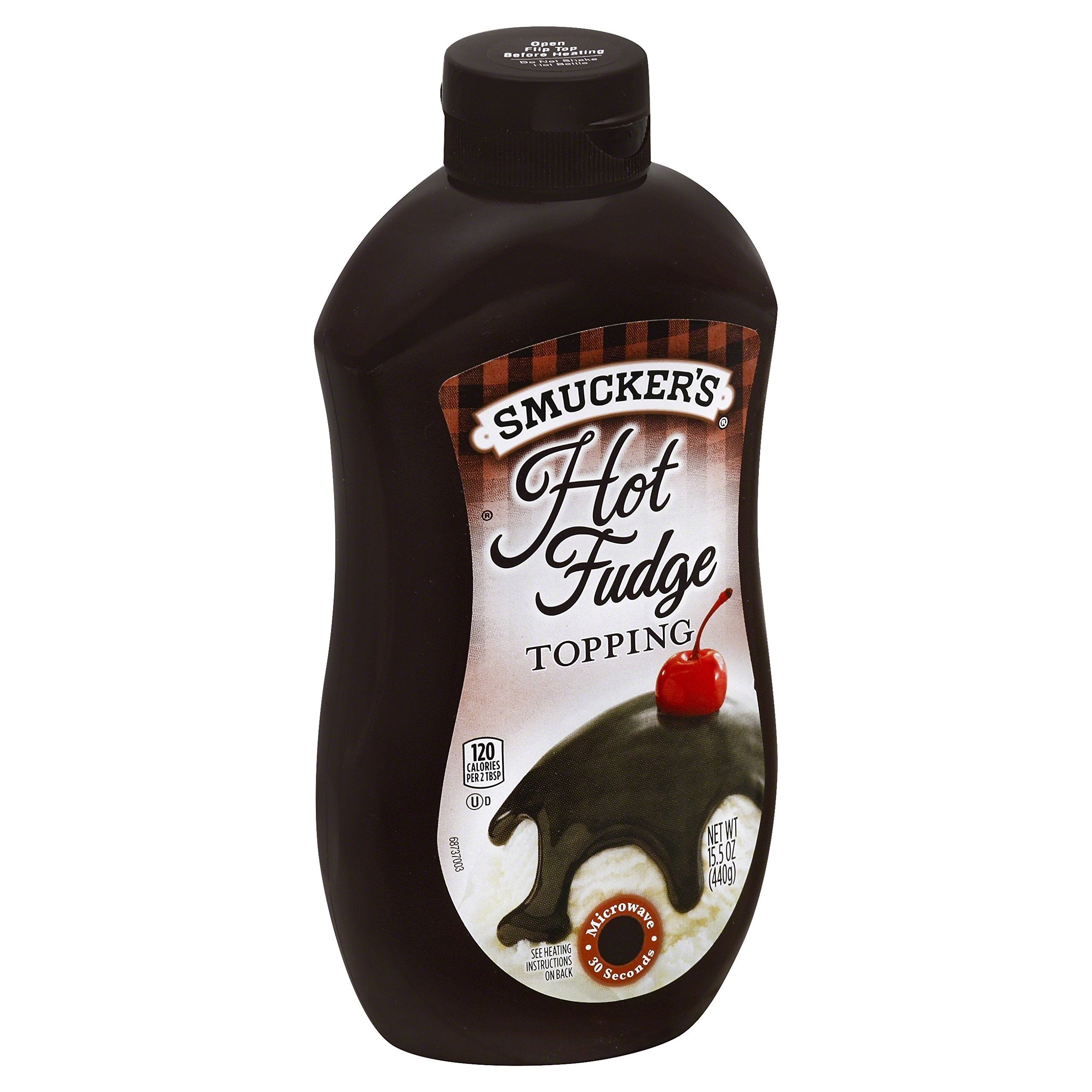 Smucker's microwaveable hot fudge topping bottle for easy drizzle over desserts