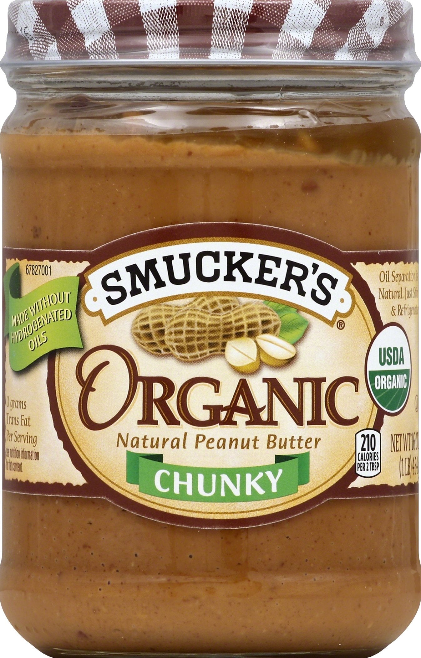 Smucker's Organic Natural Chunky Peanut Butter jar with visible chunky peanuts, ideal for spreading.