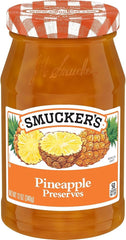 Smucker's Pineapple Preserves jar with glossy pineapple spread, ideal as a dessert topping