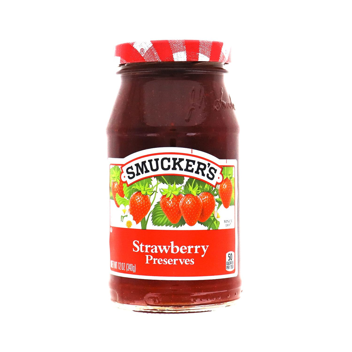 Smucker's Strawberry Preserves 12 oz jar on the kitchen counter, ideal for toast
